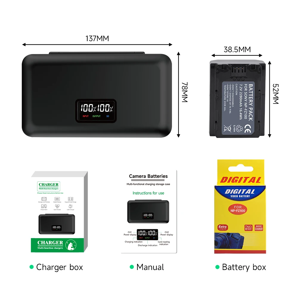 NP-FZ100 NPFZ100 NP FZ100 Battery torage Box LCD Dual Charger for Sony A6600 A6700 A7m3 A9 a7R III a7 III A9R 9S A9S A7R3 7RM3