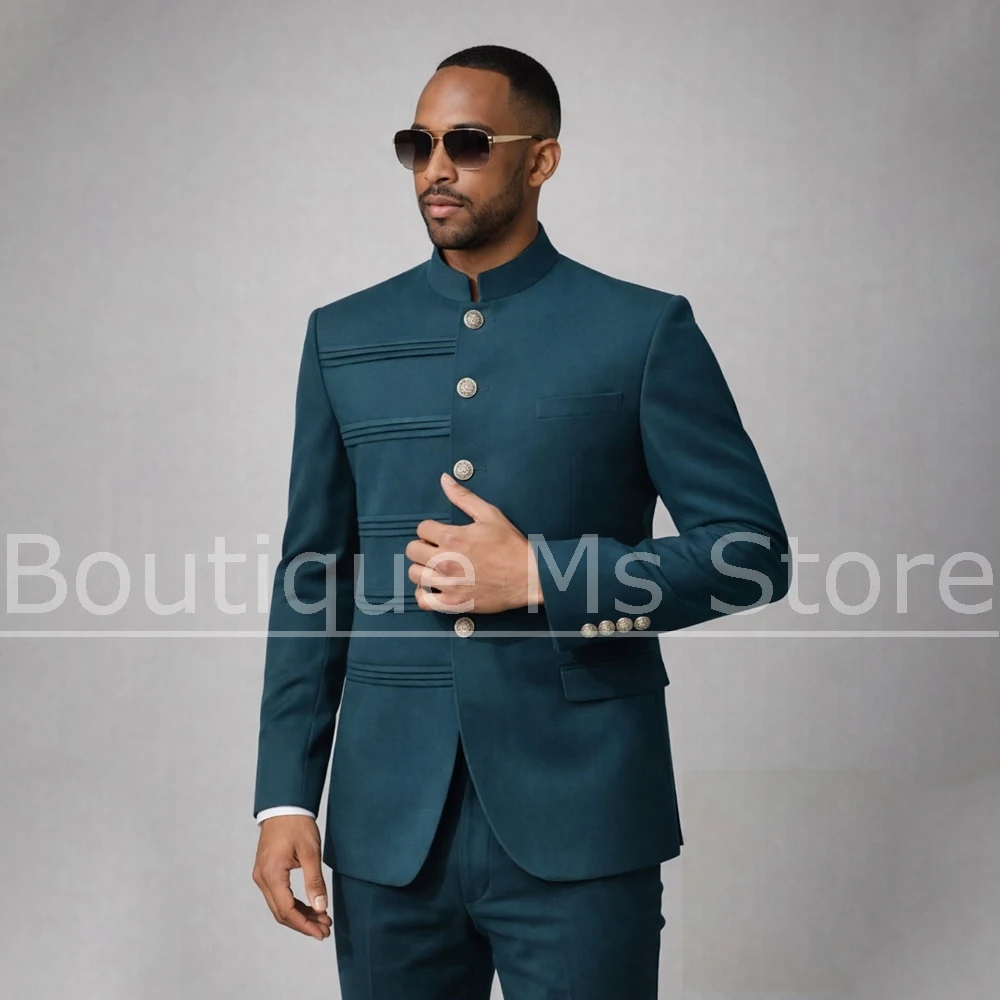 

Men's Mandarin Collar Suit with Decorative Pleats Single Breasted Slim Blazer and Pants Wedding Prom Formal Evening Party Tuxedo