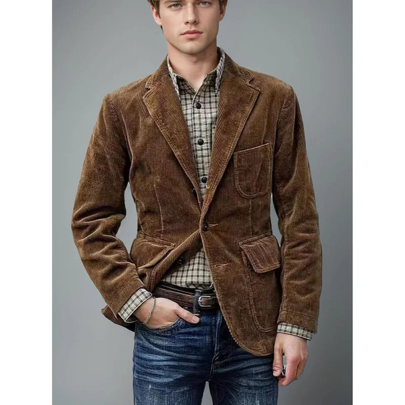 In Stock Suit Spring and Autumn Men's Corduroy British Style Suit Jacket plus Vest Top Men's Suit