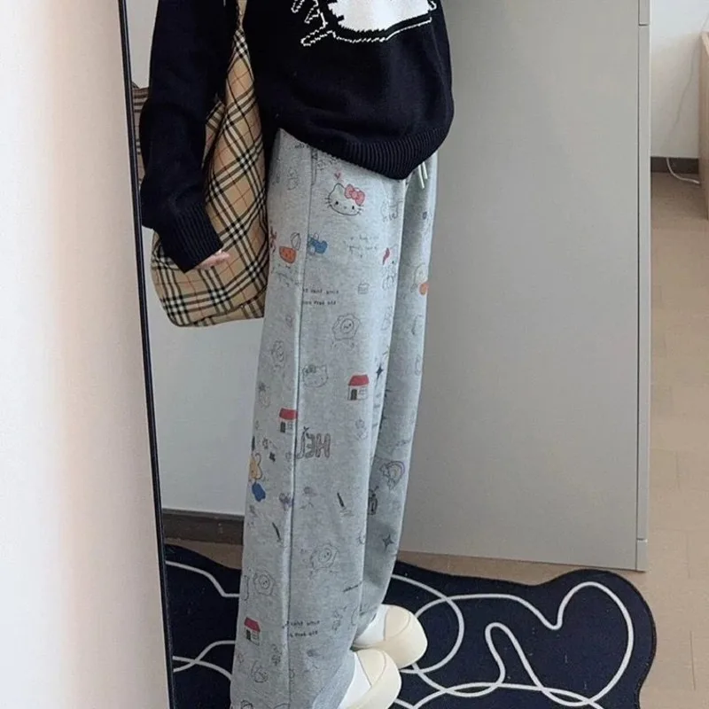 Hello Kitty Women Cute Cartoon Print Straight Leg Pants Korean Style Autumn Winter New Trendy Casual Pants Loose Sports Trousers