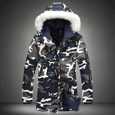 Casaco de algodão longo camuflado masculino, gola de peles artificiais, parka grossa, sobretudo masculino, plus size, roupas de casal, outono e inverno