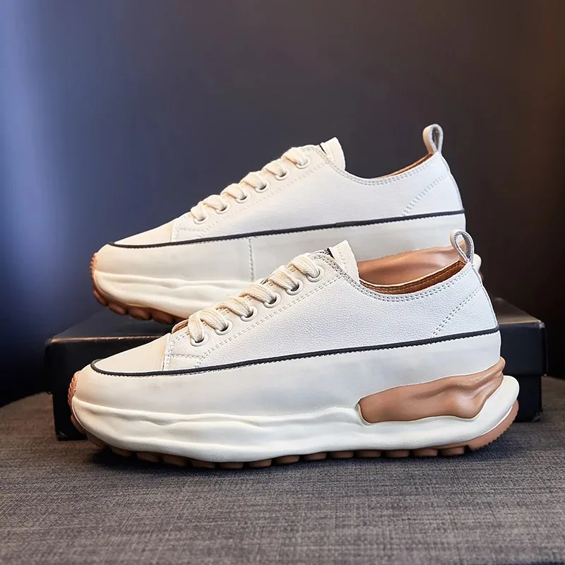 100% Genuine Leather Casual Shoes Women All-match Outdoor Walking Loafers Female Lightweight Thick Sole Lace-Up White Sneakers