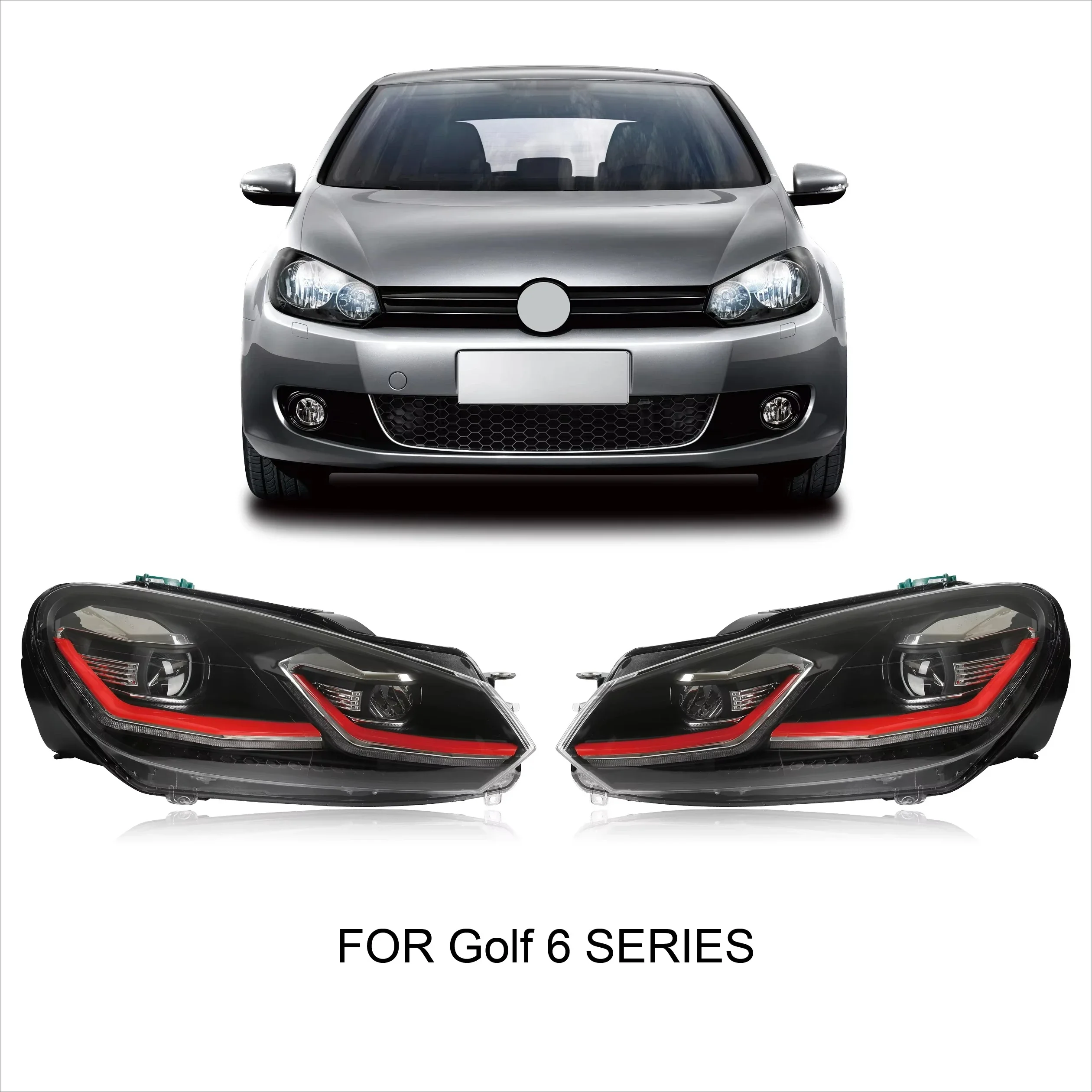 VW Golf 6 MK6 2008-2013 LED Headlight with Silver Trim Strip Plug and Play Auto Lamp New Condition Headlights
