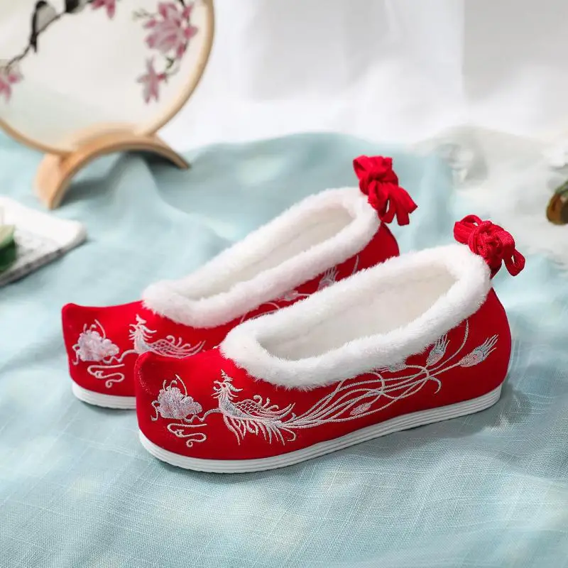 Size 34-41 Inner Height 3cm Chinese Style Shoes Autumn And Winter Warm Antique Lace-up Red Embroidered Hanfu Shoes For Women