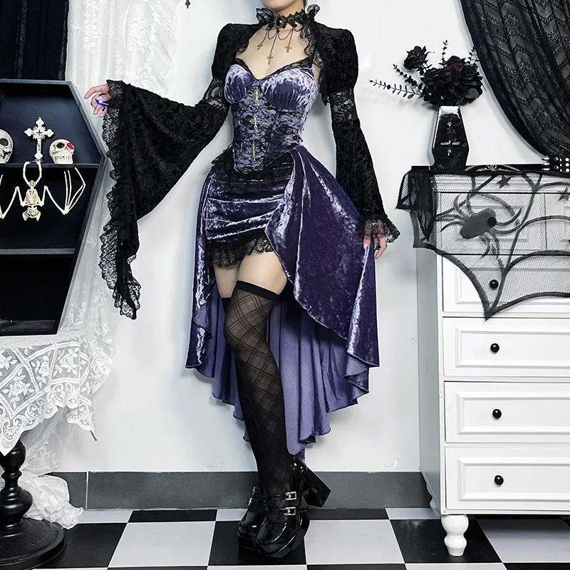 Gothic Purple Sleeveless Corset Dress Women Lace Trim High Low Hem Tail Dress Sexy Party Clubwear Halloween Cosplay Costume view 4