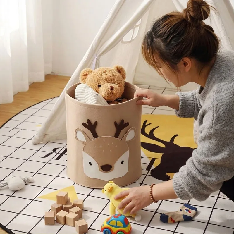 1-5PCS Round Foldable Felt Toy Storage Basket Non Woven Laundry Hamper Durable Collapsible Clothes Organizer Bin for Closet