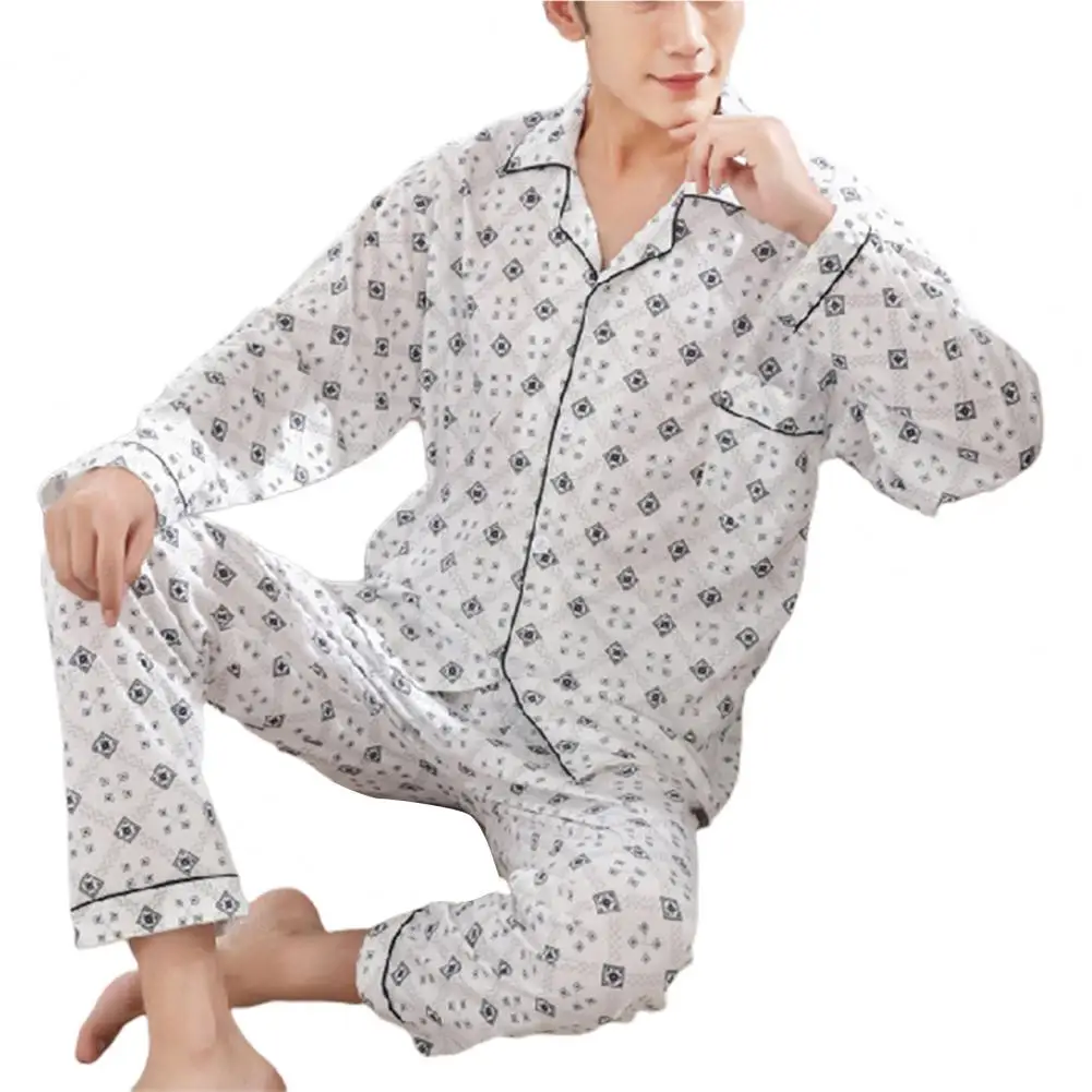 

Men Pajamas Set Plaid Long Sleeve Loose Loungewear Thin Male Sleep Tops Pants Set Home Clothes