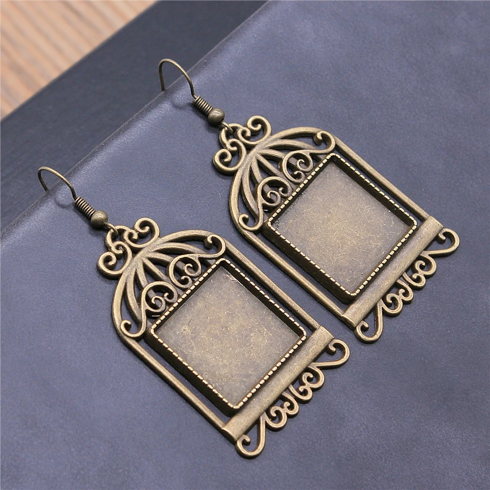 Vintage Antique Bronze Color 20mm Square Birdcage Style Cameo Cabochon Pendant Base Setting Dangle Earrings