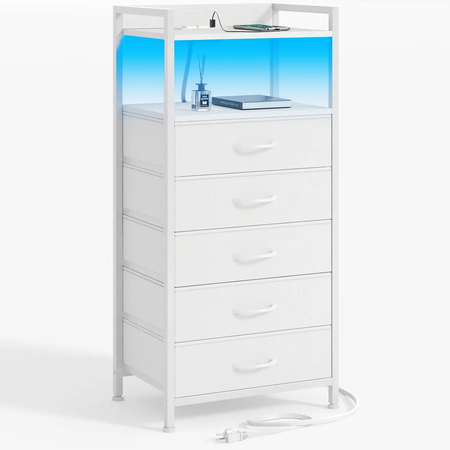 

White Nightstand with 5 Storage Drawer, Tall Dresser for Bedroom with Led Light and Charging Station, Side Table Nightstand for