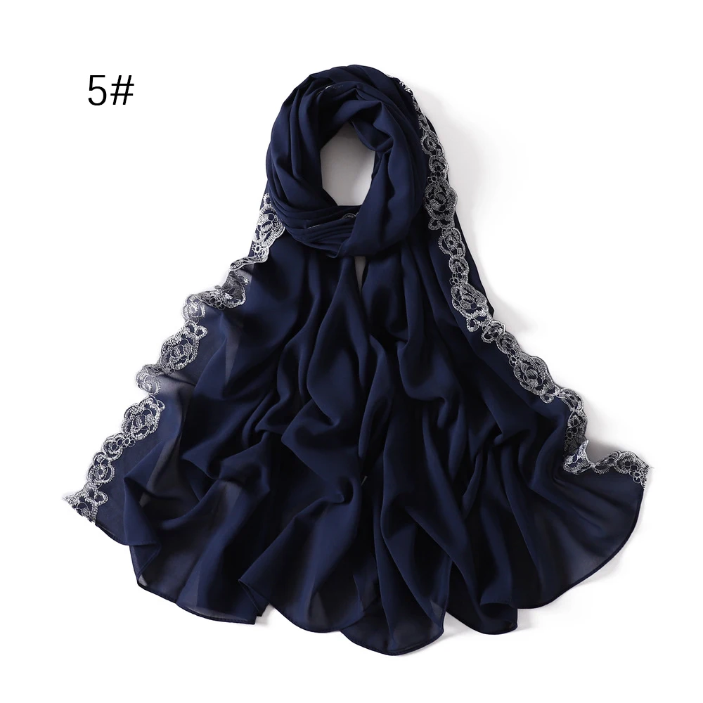 Moslim Vrouwen 2 Side Lace Chiffon Hijab Chiffon Hijaabs Met Kant Hijab Met Borduurwerk Rose Bloem Rand Veters Patches Decoratie