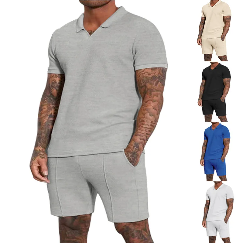 

2024 Men's Clothing Set Summer New Oversize Heavyweight Waffle Lapel Polo Short Sleeved Shorts Set