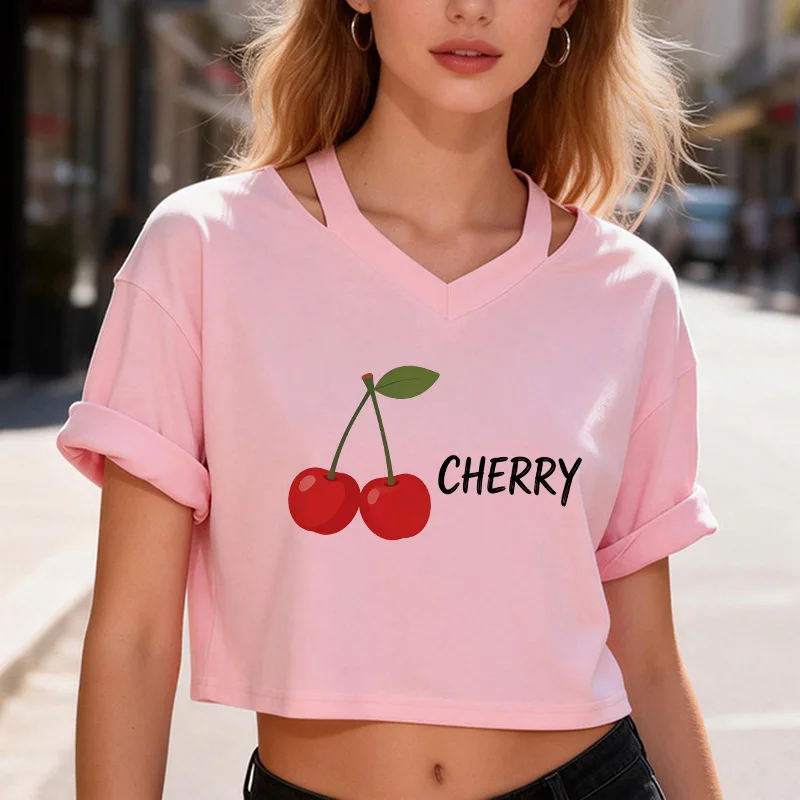 Sexy Graphic Tshirt Fresh Cherry Print Women's Y2k Crop Tops Fashion Crew Neck Short Sleeve T-Shirt 90s Cropped T Shirt Clothes