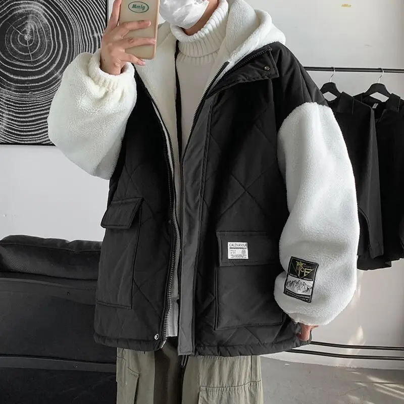 Fake two pieces of lamb wool cotton jacket for men's winter Hong Kong style trend thickened oversized hooded loose cotton jacket