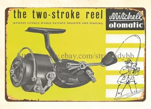 Carrete de dos tiempos Mitchell Otomatic, señal de estaño de metal para pesca, estilos de dormitorio, 1950s