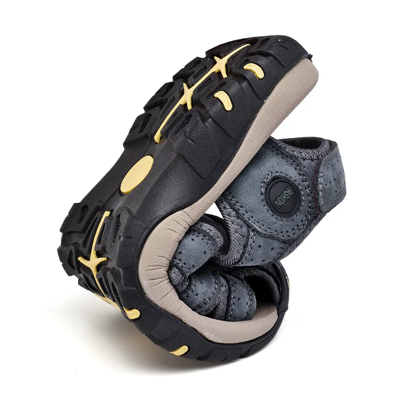 High quality leather flat sandals for men round toes new summer 2025 size 44 45 casual outdoor walking big size shoe blue brown image 5