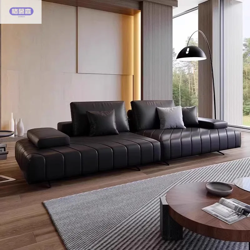 Italienisches einfaches Roland-Sofa aus verdicktem Rindsleder, modernes, minimalistisches Wohnzimmer, schwarzes, gerades Ledersofa aus Leder