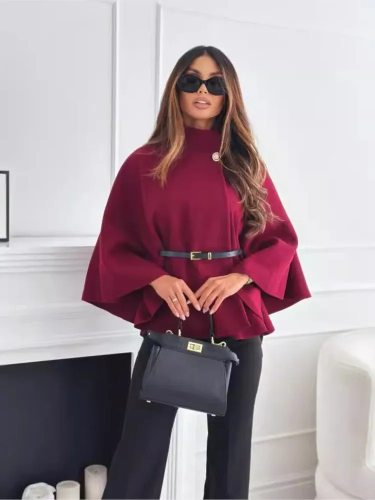 

Fashion Woolen Cape Jacket Women Casual Solid Color Loose Batwing Long Sleeves Belt Coat Female Temperament Autumn Winter New