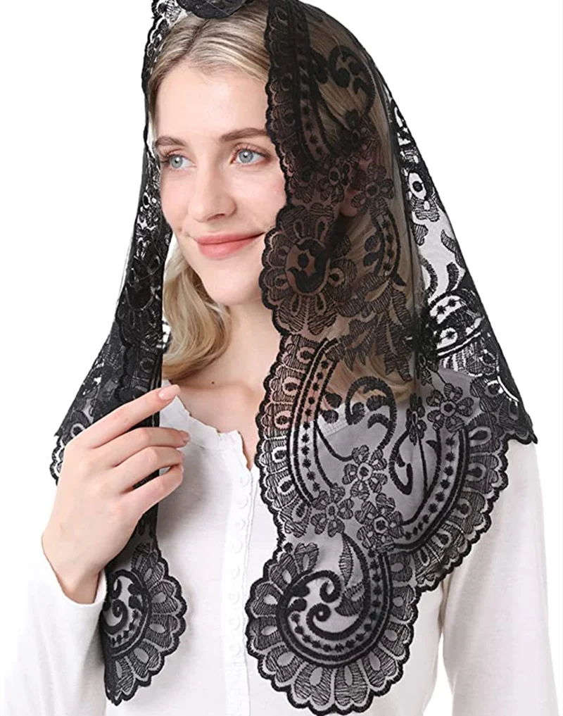 Voile Triangle Traditionnel Espagnol Noir et Blanc, Voiles d\'Église Chrétienne Catholique pour Femme