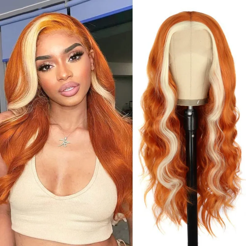 

European and American Women's Fashion Synthetic Wig, Women's Orange and Blonde Middle Part Long Curly Wave Wig