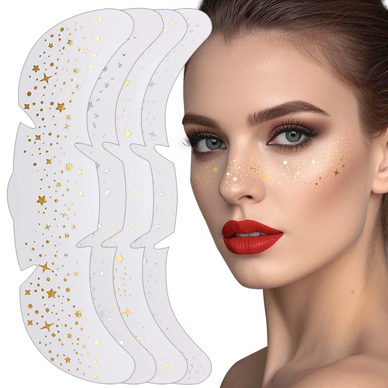 Toppe per trucco lentiggini con stampa glitterata Adesivi per tatuaggi temporanei con lentiggini finte argento dorato metallizzato per trucco viso da donna