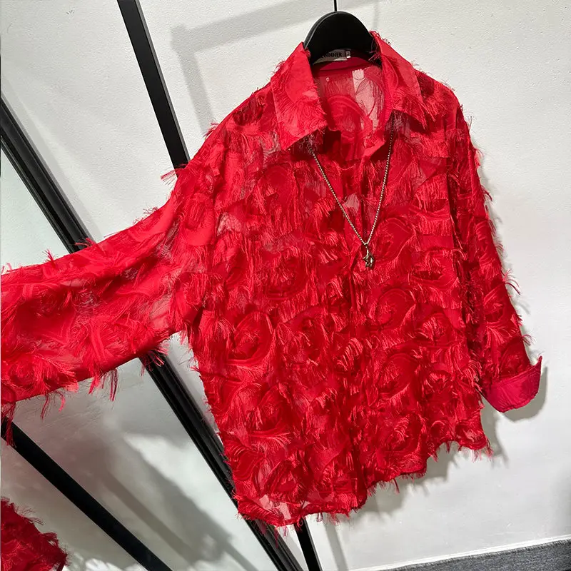 Design Dark Personality Stage Nightclub Feather Loose Long Sleeve Shirt Popular Avant-Garde Retro Top