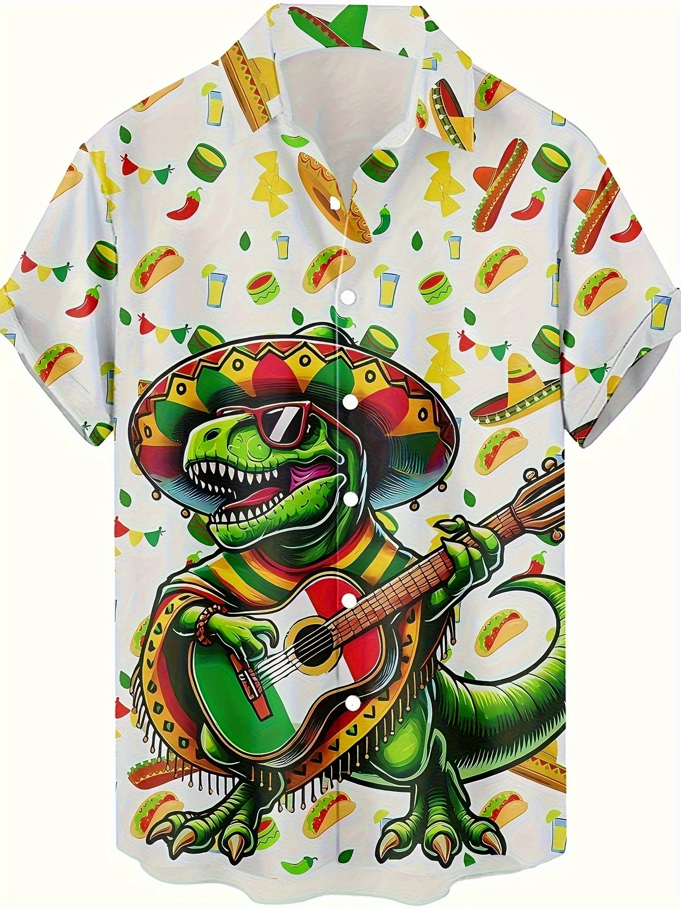 

Men'S Fun T-Rex Themed Hawaiian Shirt- Mexican Party Style Vacation Top, Breathable Turn- Collar Button Short Sleeve,