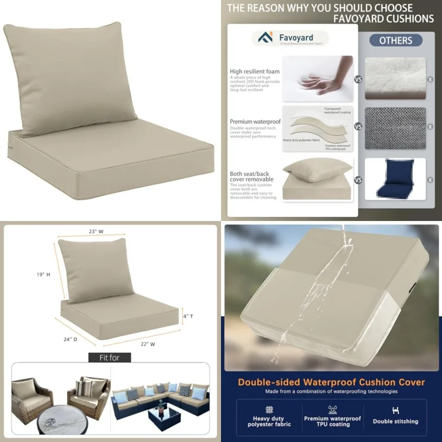 

Outdoor Seat Cushion Set Waterproof Fade Resistant Patio Furniture Cushions with Removable Cover Deep Seat Back Cushion with Ti