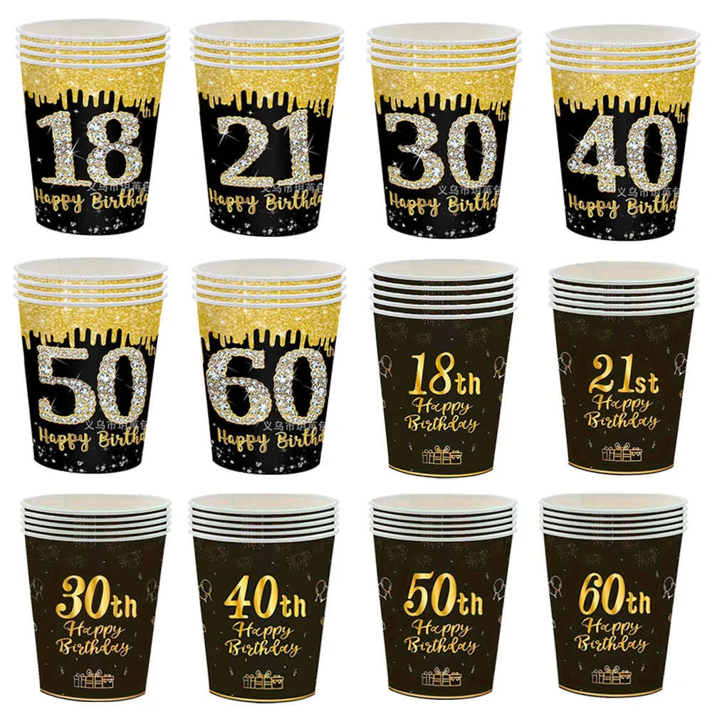 18 21, 30, 40, 50, 60, одноразовая посуда для дня рождения, черные, золотые бумажные стаканчики для мужчин и женщин, декор для дня рождения
