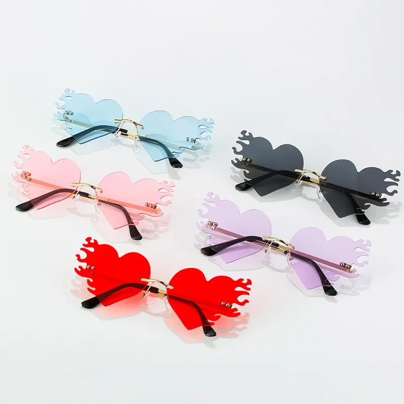 Heart Shape Fire Flame Sunglasses Rimless Frameless Sun Glasses Girls Personalized UV400 Eyeglasses Oculos De Sol Feminino