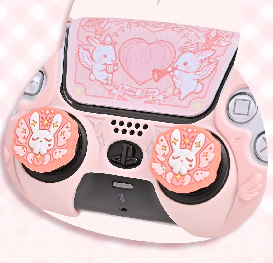 Pink Gothic Rabbit Ear Silicone Soft Protector Sticker Skin For Sony Dualsense 5 PS5 Controller Case Thumb Stick Grip Cap Cover