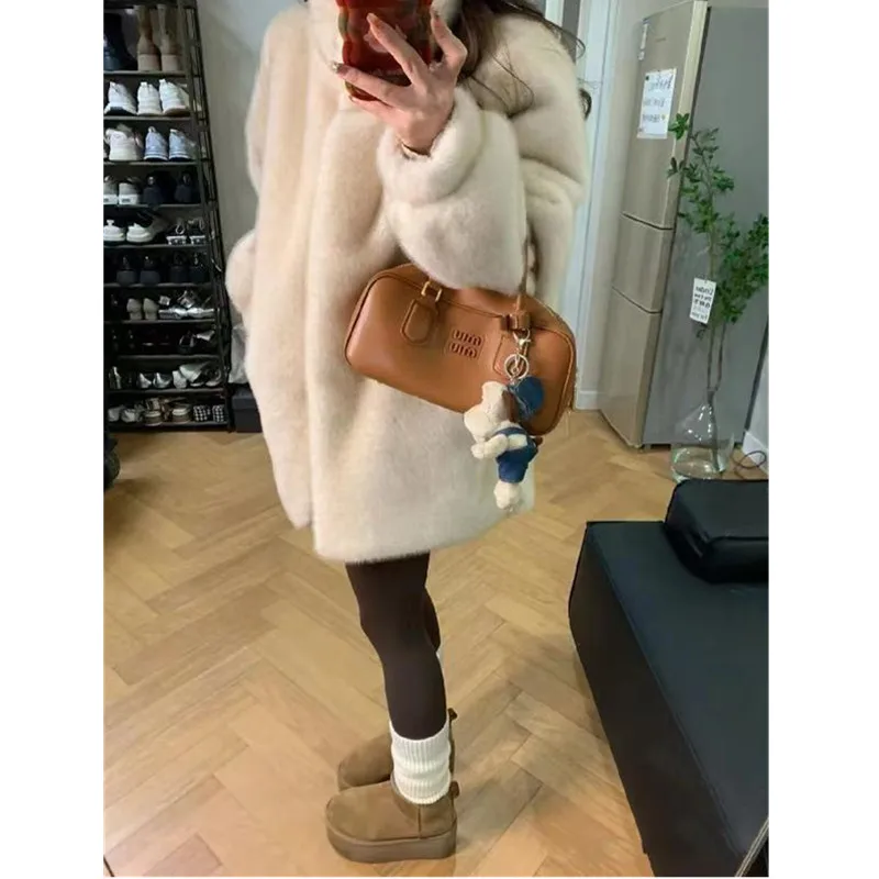 Faux Mink Fur Coat for Women,Covered Button Jackets,O-Neck Overcoat, Female Clothes, Winter,New, 2024