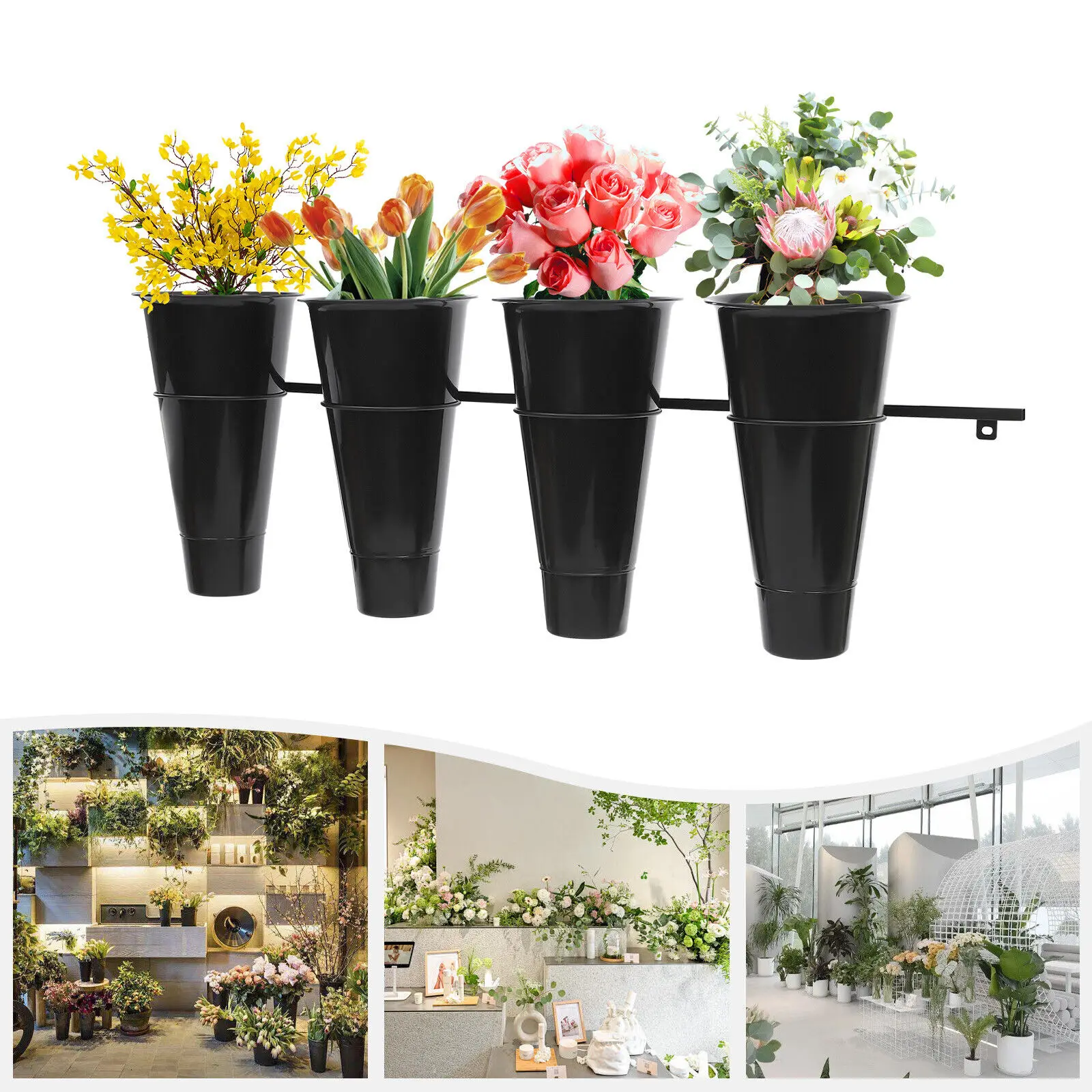 Modern Metal Wall-mounted Flowerpot Shelf 4-Bucket Outdoor Garden Plant Support w/ 15kg Load-bearing Capacity and Easy DIY Setup