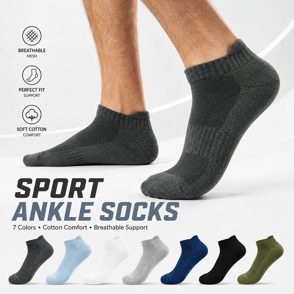 7 pairs Men Sport Ankle Socks Breathable Mesh Cotton Socks Sweat Absorbent Elastic Support Short Socks Running Gym Sports Socks