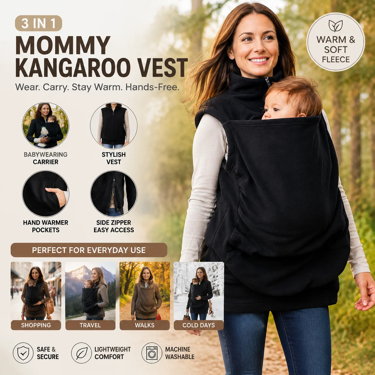 Women 3 in 1 Baby Carrier Vest Warm Fleece Kangaroo Hoodie Sleeveless Maternity Jacket Autumn Winter Babywearing Coat