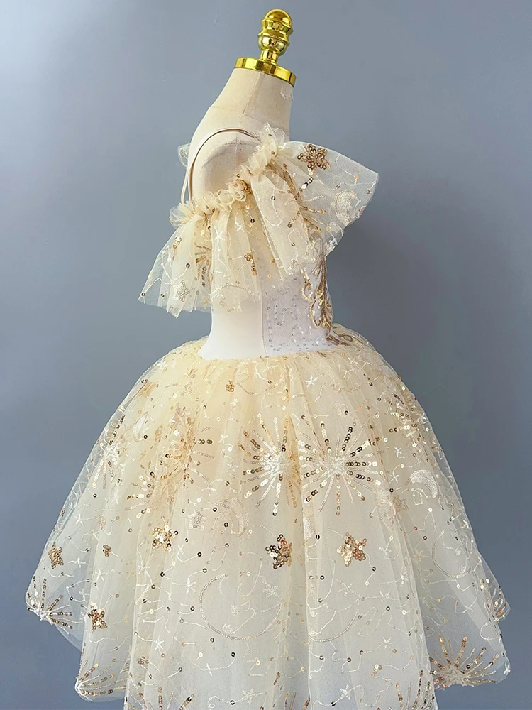Abito lungo da balletto per bambini, per ragazze, pizzo beige, cigno, paillettes, abito da principessa, per adulti, donna, danza moderna, costume da spettacolo teatrale