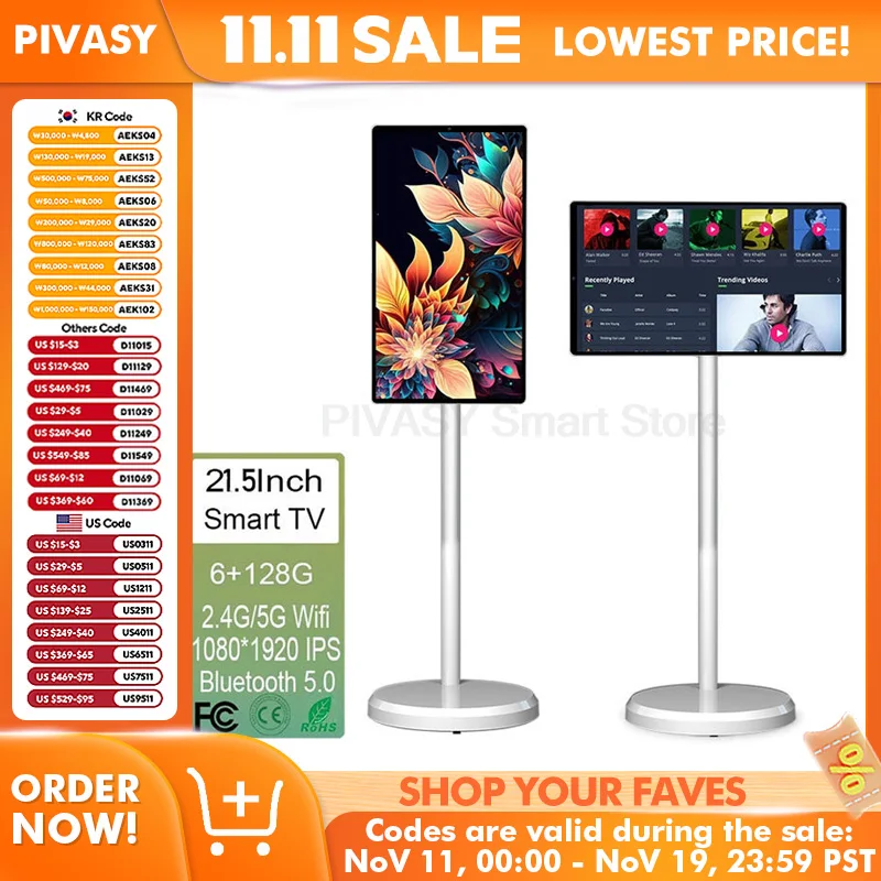 Pantalla táctil 21,5 pulgadas Android 13 sistemas Smart TV 6000mAH batería-potencia 6 + 128G dispositivo Monitor móvil giratorio para gimnasio en vivo