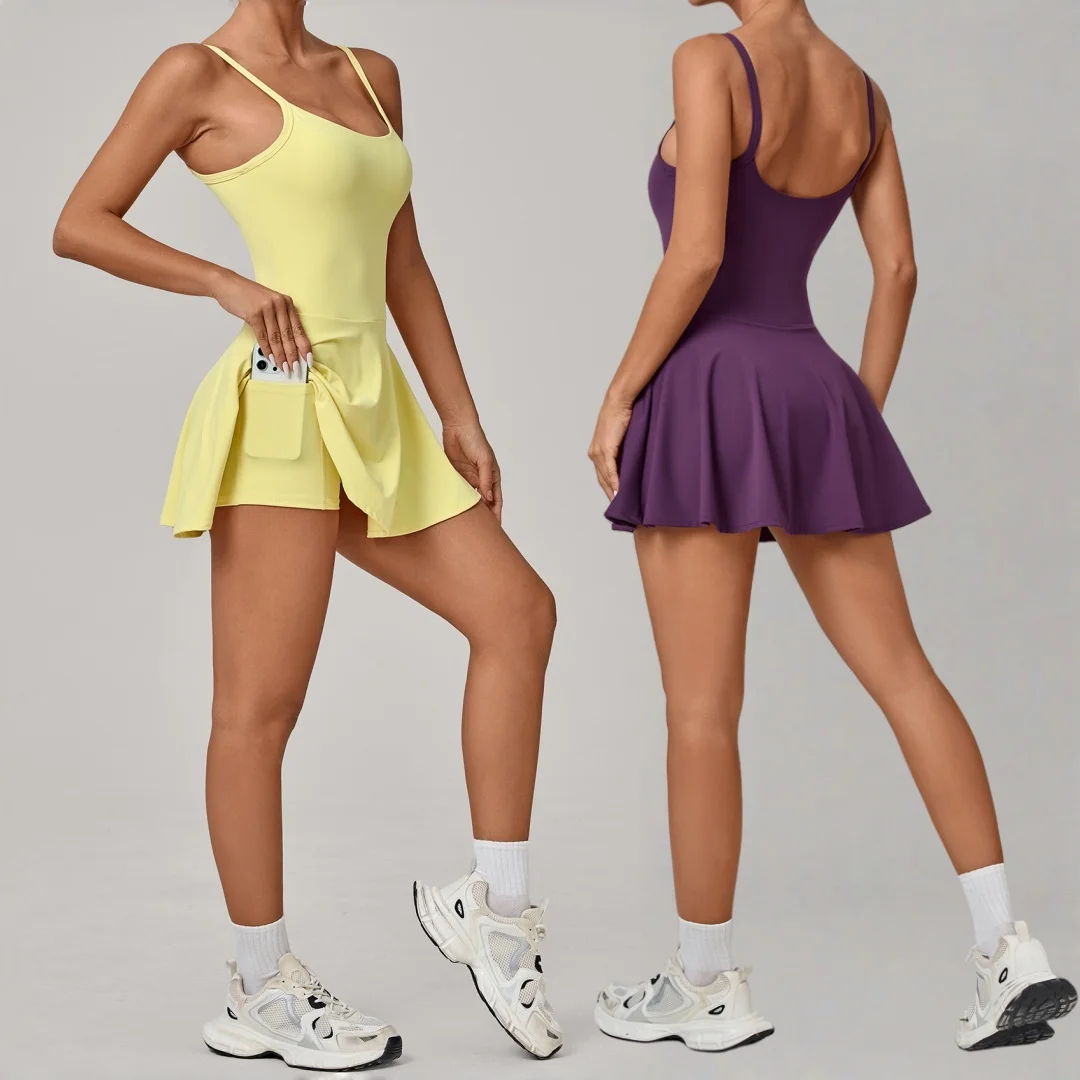 

Tight Anti-Exposure Tennis Dress Sports Backless Breathable with Chest Pads Golf Women's Running Workout Clothes Gym Yoga Skirt