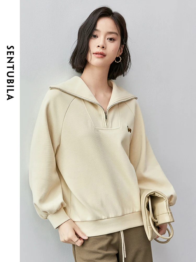 SENTUBILA Casual Cotton Sweatshirt for Women 2024 Autumn Straight Letter Embroidery Solid Simple Half Open Collar Coat 143A55822