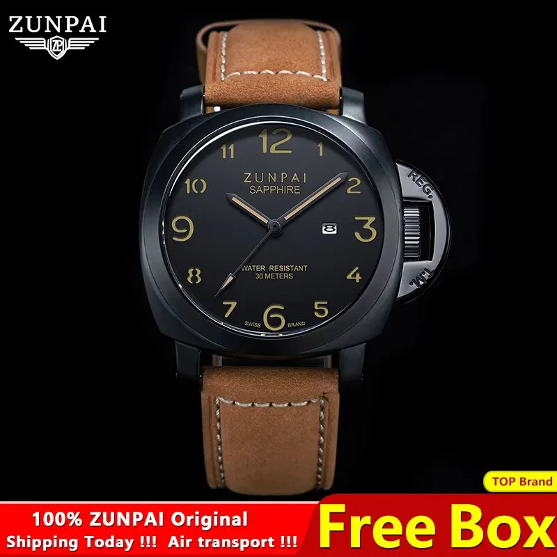 ZUNPAI Original Watch for Men Waterproof Sport Fashion Leather Strap Black Luminous Analog Baterai Quartz Wristwatches