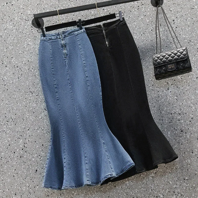 2024 Sexy Denim Mermaid Skirt Women Summer High Waist Split Long Skirts Woman Streetwear Hip-Wrap Midi Skirts Female