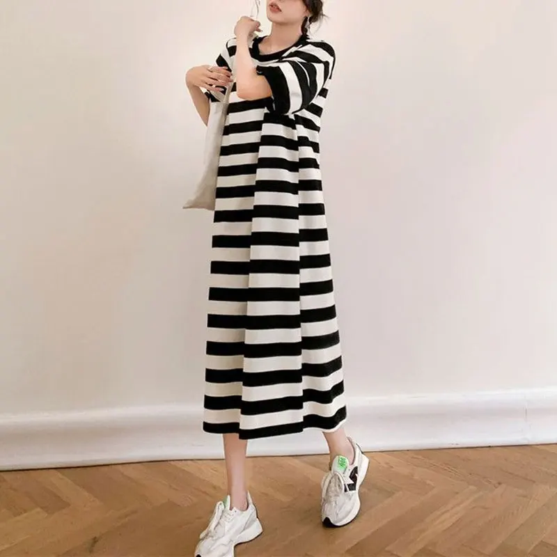 Female Clothing Korean Striped Midi Dress Casual Short Sleeve Summer Loose Round Neck Contrasting Colors Basic Straight Dresses