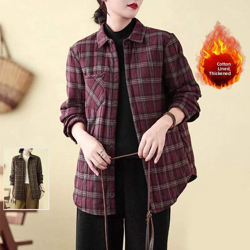 

Thiened Cotton irt Повседневное длинное женское зимнее пальто в клетку с воротником-стойкой в стиле ретро с хлопковым принтом Inner Sve