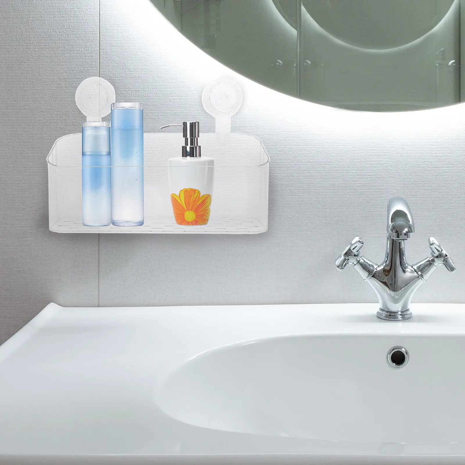 Suction Cup Wall Mounted Storage Rack Bathroom Shower Shelf Size L Bathroom Organizer Adhesive Storage Holder Kitchen Organizing