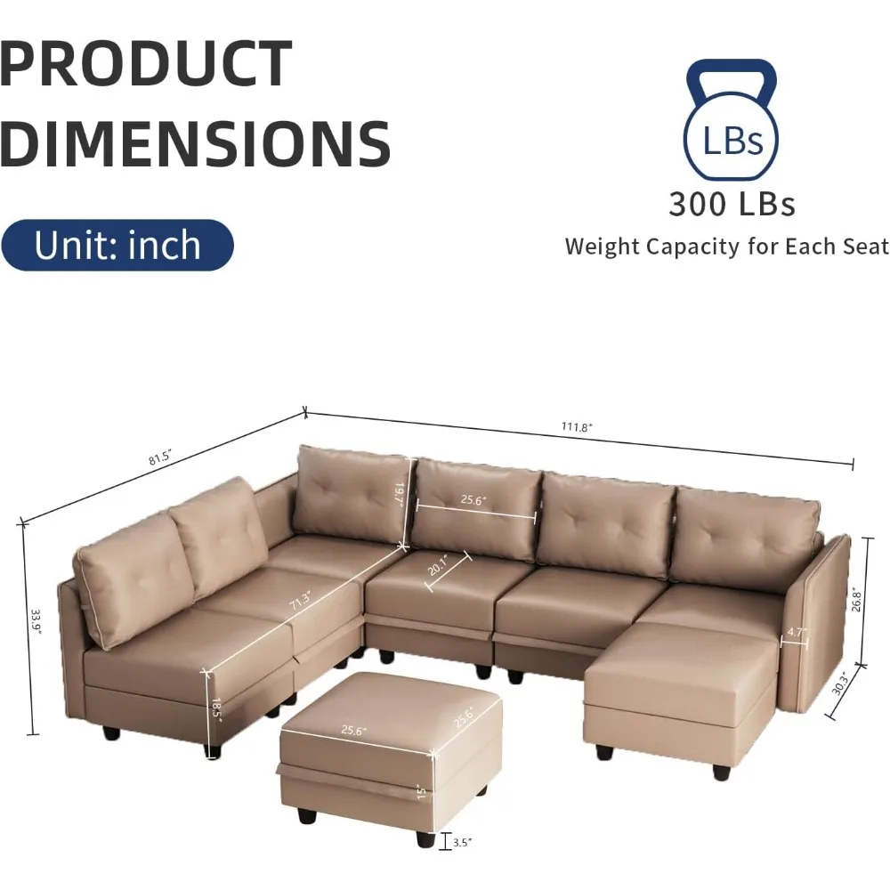 Modular sofa, U-shaped sofa with storage space, modular sofa in living room, 8 seat artificial leather waterproof sofa