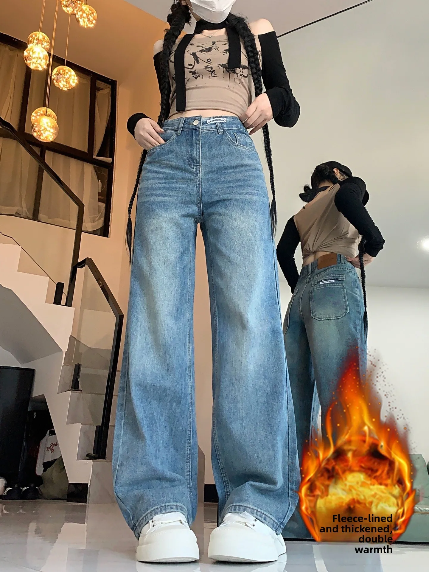 

plus Size Fleece Lined Thick Denim Jeans Women's Straight Leg High Waist Slimming Wide Leg Pants for Pear Shaped Body