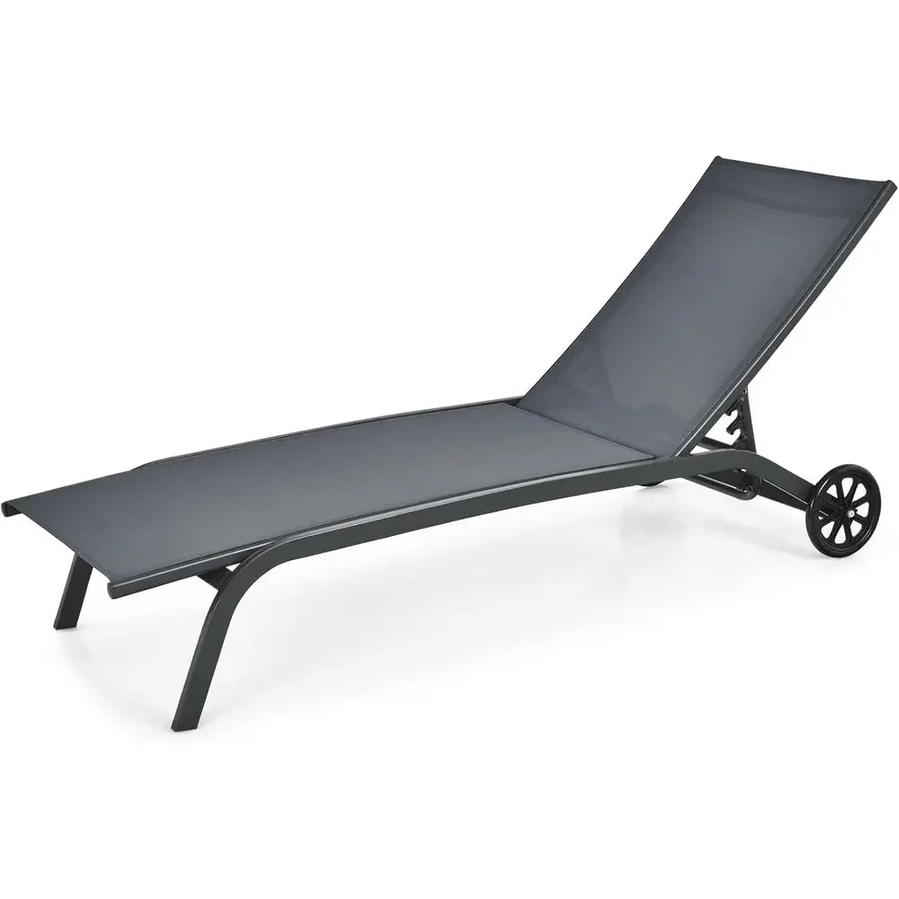 6-Position Adjustable Outdoor Patio Lounge Recliner, Breathable Fabric, Smooth Wheels, Grey