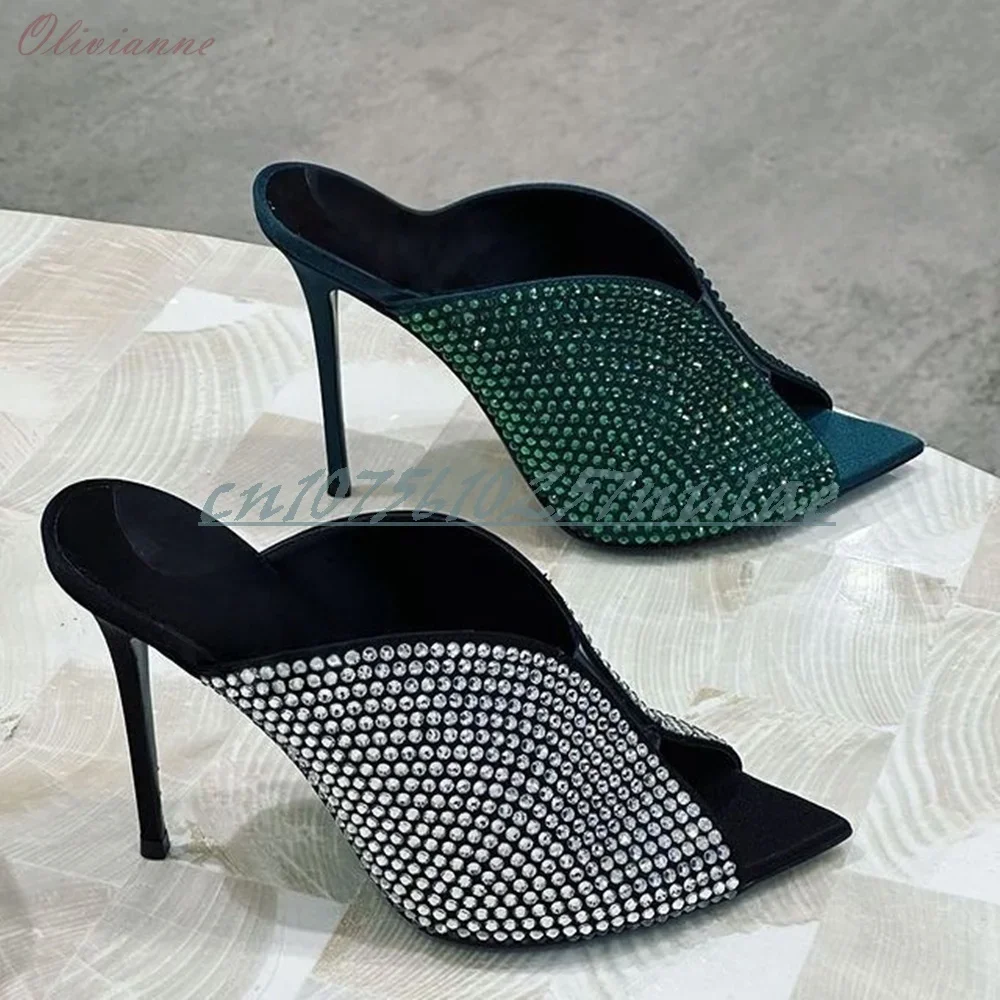 Grüne Kristallverzierte Peep-Toe Pantoletten Hochwertige Stiletto High Heels Party Mode 2026 Damenschuhe Zapatos Para Mujeres