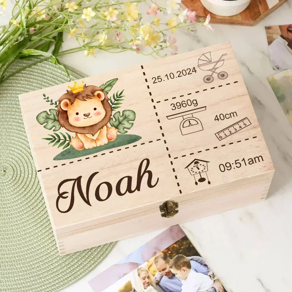 Caja de memoria personalizada de animales de Safari para bebé, cajas de madera personalizadas, regalo de ducha para recién nacido, caja de recuerdos