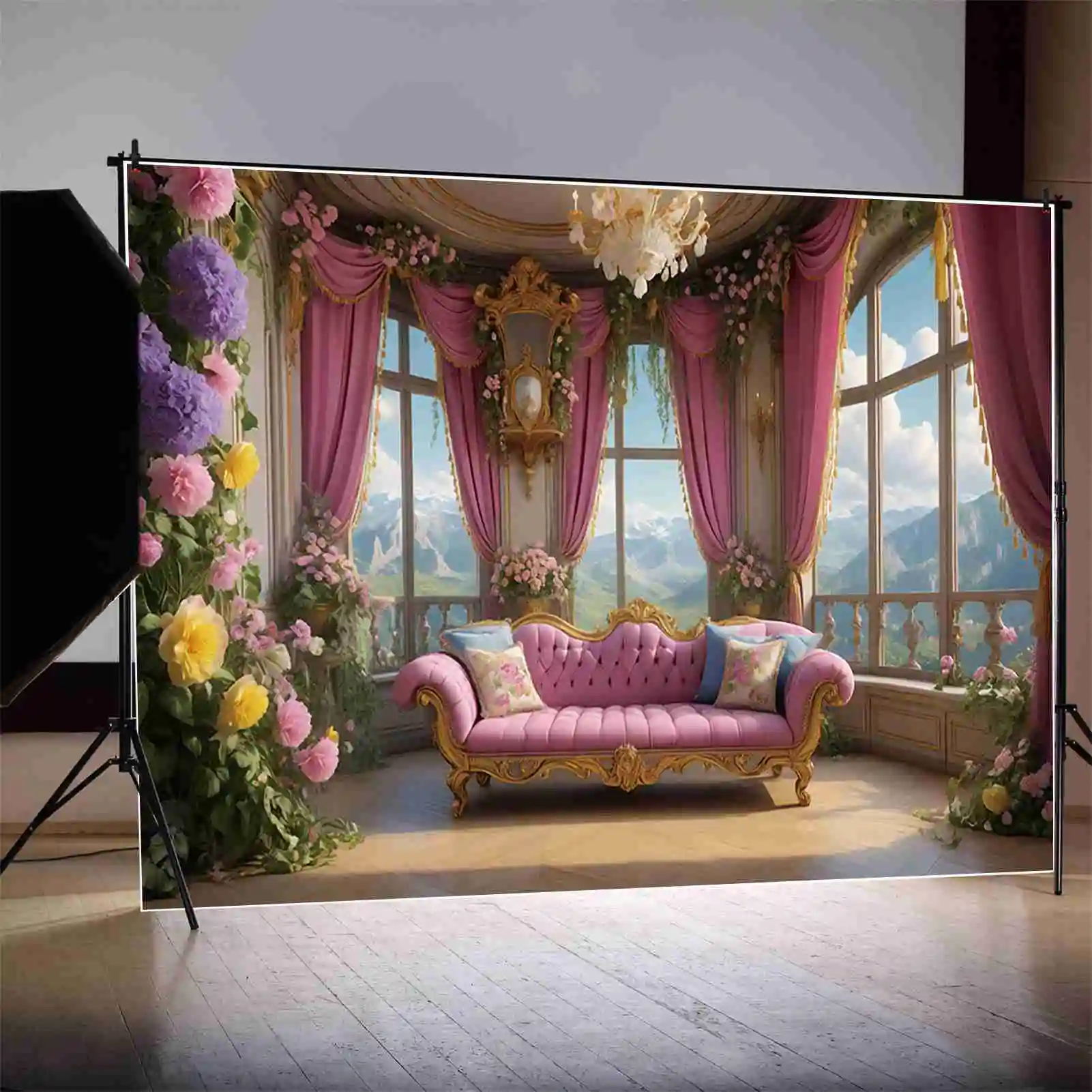 MOON.QG Castle Sofa Princess Birthday Backgrounds Women Pink Curtain Floral Flower Garland Backdrop Custom Party Photocall Props