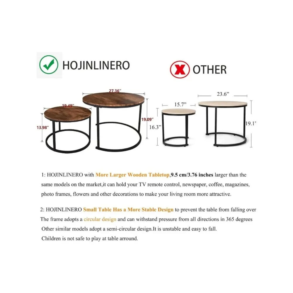 Industrial Round Coffee Table Set of 2 End Table for Living Room,Stacking Side Tables, Sturdy and Easy Assembly